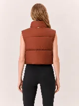 Chaleco puffer de corte cropped y diseño acolchado, con cuello alto y cierre frontal completo. Presenta un acabado liso en color marrón oscuro.