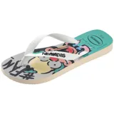 Ojotas Havaianas con diseño estampado de Los Simpson, con tiras blancas y base en color turquesa y gris.
