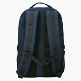 Mochila unisex Merrell modelo Trout Basic, color azul marino, con capacidad de 25 litros. Presenta un panel frontal con tiras de ajuste elásticas de color beige y correas de compresión laterales con hebillas negras.