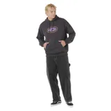 Canguro Rip Curl negro con capucha y cordones ajustables. Presenta un estampado ovalado en el pecho con el logo de la marca en tonos violeta y naranja. Incluye un bolsillo canguro frontal.