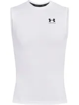 Musculosa térmica Under Armour HeatGear Armour Compression de color blanco, sin mangas y con diseño de compresión. Presenta cuello redondo y el logotipo de la marca estampado en negro en el pecho.
