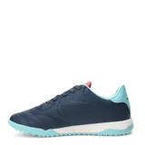 Championes de fútbol 5 Topper modelo San Ciro V TF, color azul marino con detalles en turquesa y rosado. Presentan suela con tapones bajos para césped sintético y logo de la marca en el lateral.