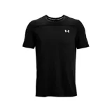 Remera Under Armour negra de corte ajustado, con mangas cortas y paneles de malla en los hombros. Logo estampado en el pecho.