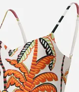 Vestido midi de viscosa con estampa tropical, escote en V con fruncido y breteles finos.