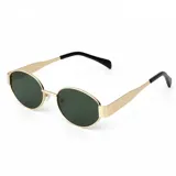 Lentes de sol con armazón metálico dorado de formato ovalado y cristales oscuros verdosos. Las patillas combinan metal dorado en la sección inicial y acetato negro en los terminales.