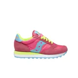 Championes urbanos Saucony modelo Jazz Original, con diseño multicolor en tonos fucsia, celeste y amarillo neón. Presentan una combinación de materiales textiles y gamuza, con suela de goma dentada y entresuela bicolor.