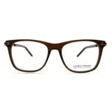 Armazón de anteojos Linea Roma modelo 134, con marco de acetato en tono marrón traslúcido y detalles enchapados en oro de 18k en las bisagras.