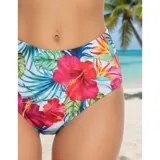 Bikini de dos piezas compuesto por un top amarillo con volados en los hombros y una bombacha de tiro alto con estampado tropical de flores y hojas.