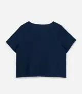 Blusa azul marino de viscosa con escote en V, manga corta y detalle de recortes.