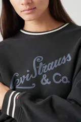 Buzo negro de algodón de Levi's, modelo Heritage Sport, con cuello redondo y puños acanalados con rayas blancas. Estampado frontal con el logo de la marca en celeste.