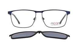 Lentes de receta con armazón metálico color azul oscuro y clip-on solar polarizado desmontable. Diseño rectangular de estilo moderno.