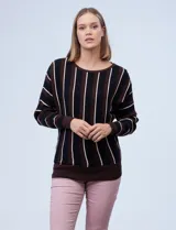 Buzo Tahari de tejido acanalado con mangas largas dolman y diseño a rayas verticales en marrón, negro y blanco.
