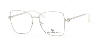 Armazón de anteojos Laura Biagiotti modelo 83, con marco metálico de forma cuadrada en color plateado y terminales de patillas en color blanco.