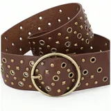 Cinturón marrón de cuero con hebilla circular dorada y apliques de tachas doradas de diferentes formas.