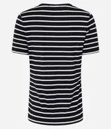 Remera de media malla con estampado a rayas horizontales, escote en V y mangas cortas.