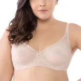 Soutien de encaje color arena con transparencias, aros y breteles regulables. Presenta un pequeño moño decorativo en el centro.