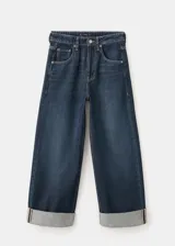 Jeans de denim azul oscuro con corte ancho y recto, tiro alto y botamanga con dobladillo ancho vuelto.