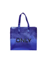 Bolso shopper color oro rosado metalizado con doble asa de mano y estampado frontal con la palabra "ONLY" en color negro.