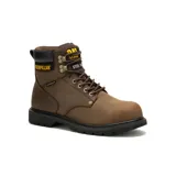 Bota de trabajo Caterpillar modelo Second Shift, color marrón, con puntera de acero, diseño impermeable y suela de goma antideslizante de alta resistencia.