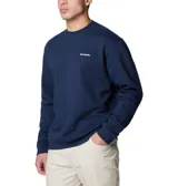 Buzo de cuello redondo para hombre, color azul marino, con puños y dobladillo acanalados. Presenta el logo de la marca Columbia bordado en el pecho.
