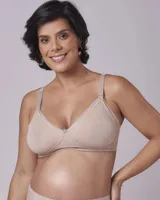 Soutién maternal de algodón blanco con diseño de doble capa para mayor sujeción, breteles regulables con broches para lactancia y delicados detalles de puntilla en los bordes.