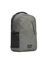 Mochila Caterpillar modelo Explorer Backpack, color gris con detalles en negro, bolsillos laterales de malla y compartimento principal con funda para computadora portátil.