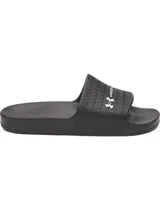 Chancletas Under Armour UA W Armr Slide Lite color negro, de EVA moldeada de una sola pieza, con tira ancha texturizada y el logo de la marca en blanco.