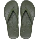 Ojotas Crocs Flip de color verde militar, con tiras finas y logo de la marca en relieve. Fabricadas en material Croslite™ para mayor ligereza y comodidad.