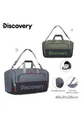 Bolso de viaje gris y negro con el logo de Discovery en el frente. Tiene doble asa de mano y correa de hombro ajustable.