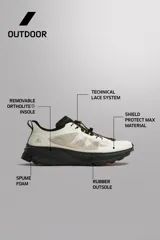 Zapatilla de trail running con parte superior de tejido de punto transpirable en color blanco y detalles en negro. Posee refuerzos en puntera y talón para mayor protección, sistema de ajuste técnico de cordones, entresuela Spume Foam para amortiguación y suela de goma de alta tracción.