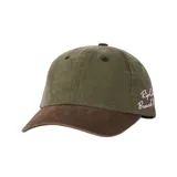 Gorra de visera curva Rip Curl modelo Mixed Montage, color verde oliva con visera marrón y detalle de texto bordado en rosado en el lateral.
