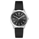 Reloj analógico Guess modelo Chip con caja de acero plateado y esfera negra con acabado texturizado. Cuenta con correa de silicona negra y movimiento de cuarzo.