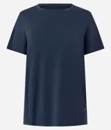 Remera deportiva de manga corta con cuello redondo, confeccionada en poliamida y elastano. Presenta un diseño liso con detalle de recorte en la espalda.