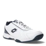 Championes deportivos Lotto, modelo de tenis, color blanco con detalles en azul marino. Presentan diseño de cuero sintético con perforaciones laterales para ventilación, cierre con cordones y suela de goma con relieve.
