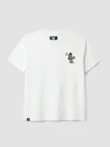 Camiseta gris de algodón orgánico con estampado de un yeti y un explorador en la espalda, corte oversize.