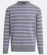 Suéter de hombre de manga larga, color gris con rayas horizontales lilas, cuello redondo y confeccionado en tejido de punto de algodón y acrílico.