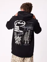 Canguro negro con capucha y cordones ajustables, con estampado gráfico en la espalda que incluye el logo de Rusty, texto "FIND YOUR SHELTER" y "ESCAPE THE NOISE", coordenadas geográficas y dibujos de plantas y árboles.