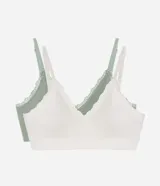 Kit de dos soutiens tipo top Lov confeccionados en poliamida texturizada, sin bojo ni aro, con breteles finos regulables y detalle de puntilla en el escote. El kit incluye una pieza de color blanco y otra en verde militar.