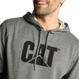 Canguro negro con capucha y bolsillo tipo canguro. Estampado frontal con el logo de Caterpillar en negro.