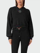 Sudadera corta con capucha Philipp Plein color negro, con logo hexagonal con cristales en el pecho y mangas largas.