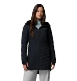 Campera larga Columbia modelo Joy Peak II Mid, color negro, con diseño acolchado y cierre frontal. Cuenta con capucha forrada en vellón, puños con orificios para pulgares y tecnología de aislamiento térmico.