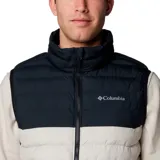 Chaleco Columbia Powder Lite II para hombre, con diseño bicolor en negro y beige. Presenta cierre frontal completo, cuello alto con protector de barbilla y bolsillos laterales con cierre. Cuenta con tecnología de aislamiento térmico y acabado resistente al agua.