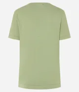 Blusa básica de manga corta con cuello en V, confeccionada en tejido de viscosa con elastano. Presenta un diseño liso y corte ajustado.