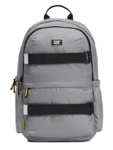 Mochila gris Caterpillar modelo Melbourne Urban Back, con dos compartimentos principales con cierre, correas frontales para sujetar objetos y detalles en negro y amarillo.