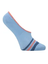 Calcetines invisibles de bambú color celeste con rayas horizontales azul marino y salmón.