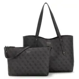 Set de cartera tipo tote y bolso de mano Guess, color negro con estampado de logo de la marca. Ambos cuentan con diseño estructurado, cierre superior y logo metálico frontal.