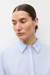 Camisa celeste con rayas blancas, de manga corta y cuello camisero.