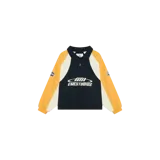 Buzo polo de manga larga Eme Studios modelo Tipton Tangerine, con diseño colorblock en negro, amarillo y blanco. Presenta cuello y cierre frontal con botones, además de un estampado gráfico en el pecho con el logotipo de la marca.