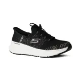 Championes deportivos Skechers Slip-ins Relaxed Fit: Edgeride - Starlight, color negro con detalles metalizados y logo rosa. Fabricados con materiales reciclados, capellada de punto elástico, cordones elásticos fijos, plantilla acolchada Skechers Air-Cooled Memory Foam y suela de tracción flexible.