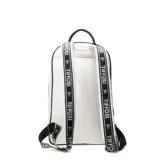 Mochila Tiffosi de cuero sintético blanco con diseño acolchado hexagonal, detalles en negro y bolsillo frontal con cierre.